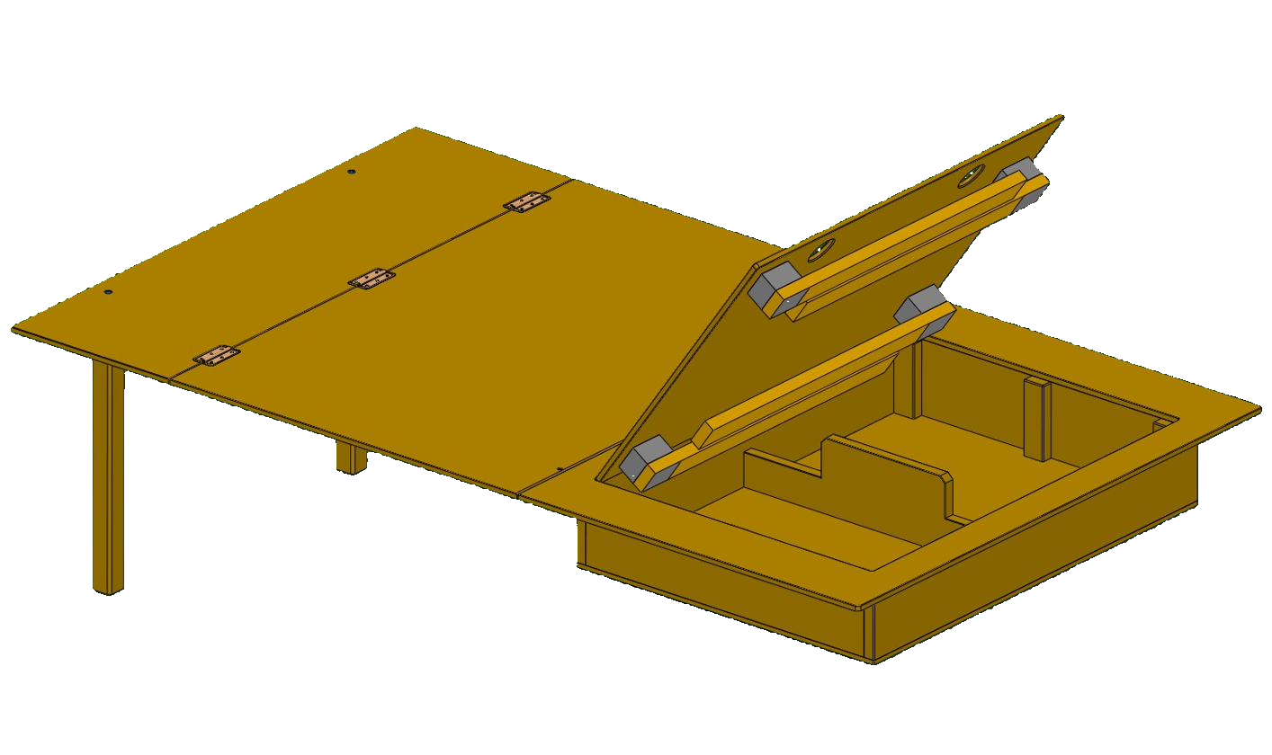 3D-Modell der Rost Box mit aufgeklapptem Deckel und sichtbarem Innenfach